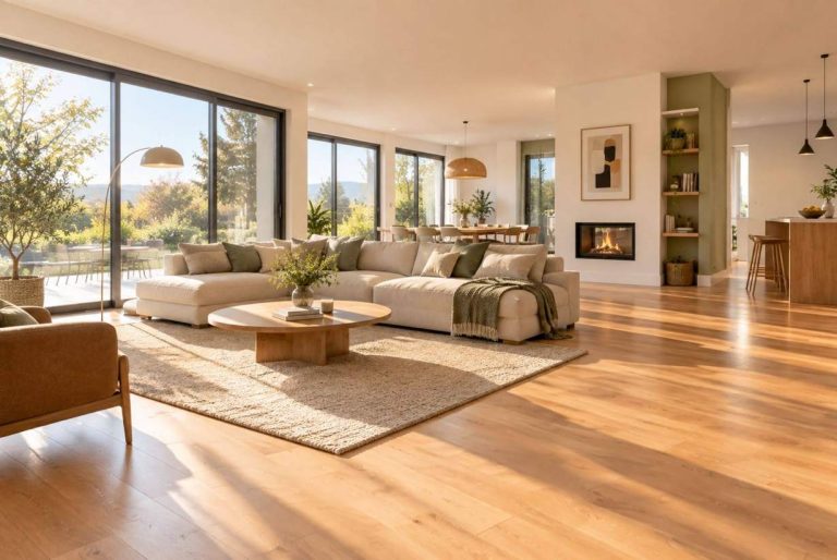 Grand salon contemporain baigné de lumière, parquet clair et canapé d'angle, sans aucun radiateur aux murs