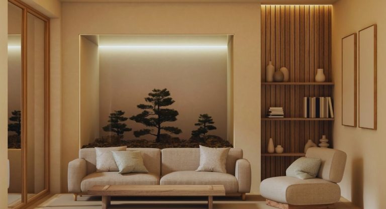 Salon lumineux aux tons naturels avec canapé beige et mur habillé de tasseaux de bois